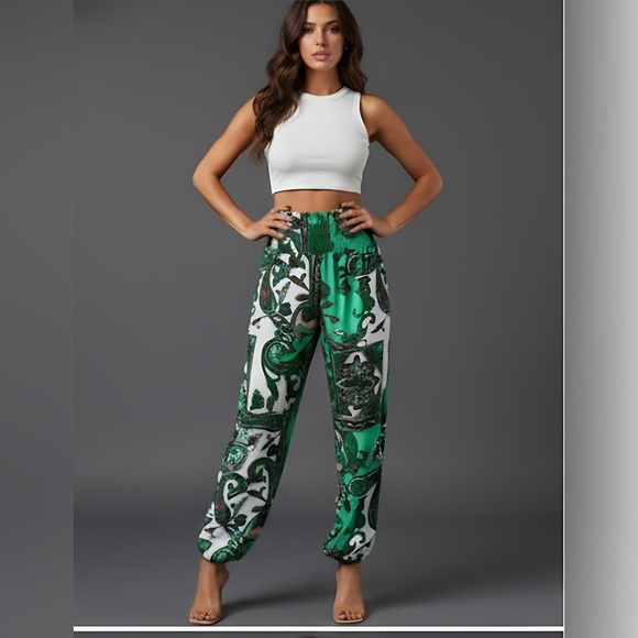 By Design Pants - Green Geometric Carrot Pants